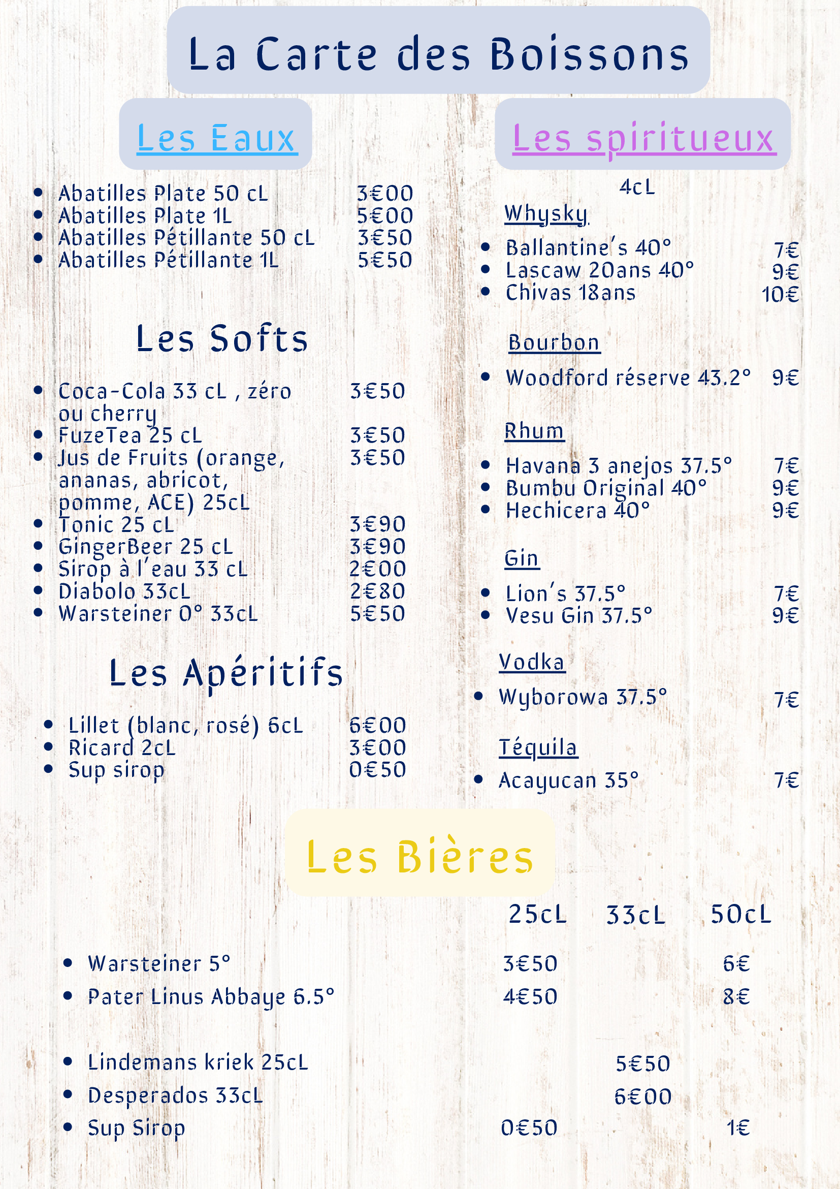 La Carte des Boissons